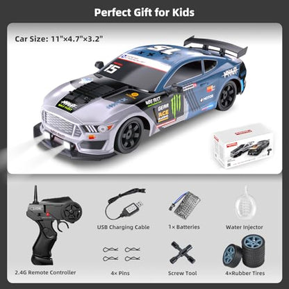 RC Drift Car Remote Control Cars for Adults, 1/16 2.4GHz RC Drifting Car 4WD Drift RC Cars with Spray, LED Lights and Drifting Tires Toy Cars for Boys Kids - color: Blue+wh