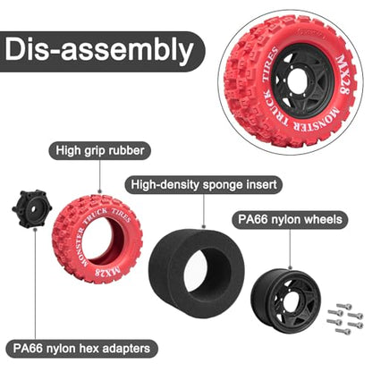 LRFHL MX28 F/R 2.8" RC Monster Truck Tires and Wheels 4PCS, Red | 12mm/14mm Hex Adapter, 1/10 RC Monster Truck, Compatible with Traxxas Stampede Rustler Redcat Arrma Vorteks Big Rock Granite - color: Red Tires+ Black Hex Wheel-1