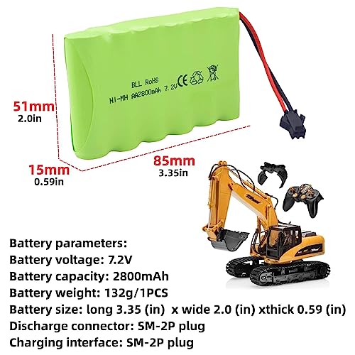 2PCS AA 7.2V 2800mAh Rechargeable Battery with SM-2P Plug and 2PCS USB Charging Cable for Huina 1550 550 Remote Control Excavator, Truck, Engineering Vehicle TR-211 RC Toys Spare Batteries