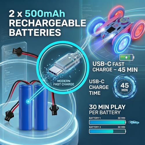2.4GHz RC Stunt Car with LED Wheels 4WD Double Sided | Glowing LED Tires, 360° Spin & Rollover, 60 Min Total Play with 2 Batteries, USB-C Fast Charging, Gift for Holidays - color: Blue - Led Wheels