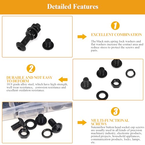 242 Pieces M5 Screws Nuts Washers Set Black, Sutemribor M5 x 8/10/12/16/20/25/30mm Button Head Socket Cap Screws Nuts Washers Assortment Kit, 10.9 Grade Alloy Steel, Fully Threaded - size: M5 x 8-30mm, style: Button Head