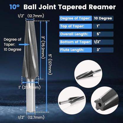 Ball Joint Reamer, 10 Degree 6542 HSS Tapered Tie Rod Tool | 2" per foot tapered reamer for smooth and precise hole enlargement in automotive ball joints and tie rods - style: Drill