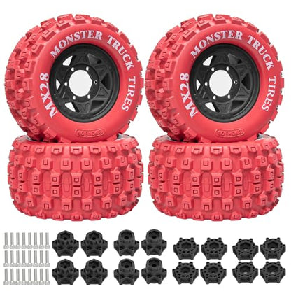 LRFHL MX28 F/R 2.8" RC Monster Truck Tires and Wheels 4PCS, Red | 12mm/14mm Hex Adapter, 1/10 RC Monster Truck, Compatible with Traxxas Stampede Rustler Redcat Arrma Vorteks Big Rock Granite - color: Red Tires+ Black Hex Wheel-1