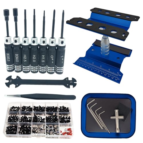 RC Car Repair Work Stand Repair Tool Set 360 Degree Rotation and 524PCS RC Screws Kit & RC Screwdrivers and Screws Pallet for 1/8 1/10 1/12 1/16 1/18 RC Crawler Truck Buggy Vehicle Scale Accessories