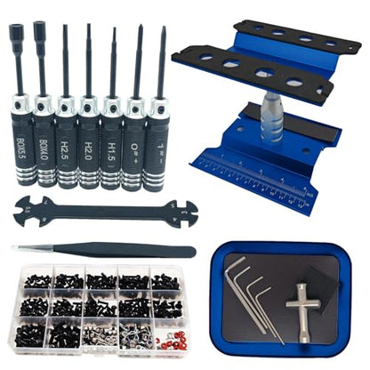 RC Car Repair Work Stand Repair Tool Set 360 Degree Rotation and 524PCS RC Screws Kit & RC Screwdrivers and Screws Pallet for 1/8 1/10 1/12 1/16 1/18 RC Crawler Truck Buggy Vehicle Scale Accessories