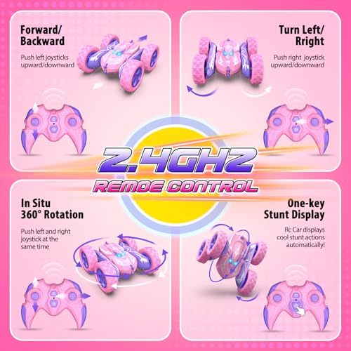Excitobo Remote Control Car,RC Cars for 4 5 6 7 8 9 10 11 12 Year Old Girl Double Sided 360°Flip 4WD Rechargeable Drift RC Race Car Girls Toys Birthday Gifts Easter Basket Stuffers for Kids Age 4-12 - color: Pink