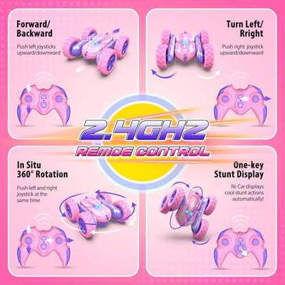 Excitobo Remote Control Car,RC Cars for 4 5 6 7 8 9 10 11 12 Year Old Girl Double Sided 360°Flip 4WD Rechargeable Drift RC Race Car Girls Toys Birthday Gifts Easter Basket Stuffers for Kids Age 4-12 - color: Pink