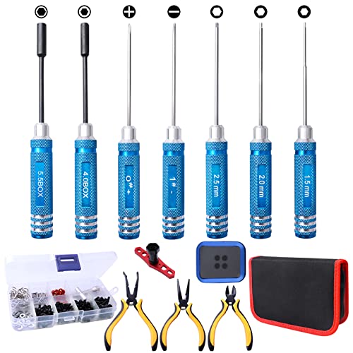 RC Tool Kit - RC Screwdriver(Flat/Phillips/Hex), Screw Kit, Pliers, Wheel Wrench, Tray for RC Car FPVDone Quadcopter Helicopter Boat Compatible with Traxxas, Axial, Redcat, HPI, Losi RC Repair Tools