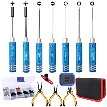 RC Tool Kit - RC Screwdriver(Flat/Phillips/Hex), Screw Kit, Pliers, Wheel Wrench, Tray for RC Car FPVDone Quadcopter Helicopter Boat Compatible with Traxxas, Axial, Redcat, HPI, Losi RC Repair Tools