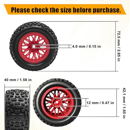 Pre-Glued 1/16 & 1/18 RC Monster Truck Tires, Soft Rubber Tire and Nylon Wheels Rims with 12mm hex Compatible with ARRMA 1/18 Granite/Typhon Grom, WLtoys A949, MJX Hyper Go H16 RC Buggy, 4PCS (Red) - color: Red