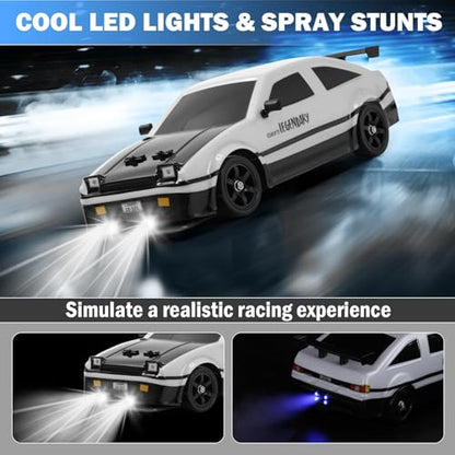 RC Drift Car, 1:16 Scale AE86 Model RC Drift Car, 4WD 18KM/h High Speed Remote Control Cars with LED Lights, Spray, Drifting Tires, Sport Racing On-Road Vehicle for Teens Adults