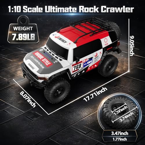 RC Cars RC Crawler 1/10 Scale RTR Remote Control Car 4WD 2.4GHz Brushed Offroad Racing Hobby Grade Model Vehicle with LED Lights 2Pcs Battery Toy for Kids and Adults - color: D-red