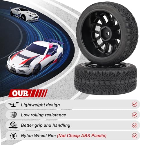 Hobbypark (4-Pack) OD 2.56''(65mm) Rubber Tires & Wheels 12mm Hex Drive Hub for 1/10th Scale RC Touring Car