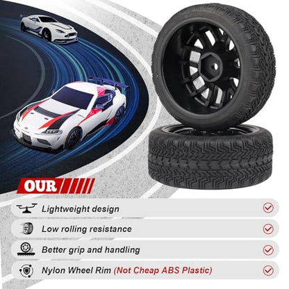 Hobbypark (4-Pack) OD 2.56''(65mm) Rubber Tires & Wheels 12mm Hex Drive Hub for 1/10th Scale RC Touring Car