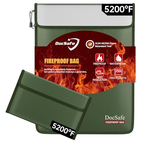 DocSafe Fireproof Document Bag (5200℉) with Fireproof Organizer Travel Case,Heat Insulated Fire＆Water Resistant 8 Layers Safe Money Bag Storage for Important Documents,Cash,Power Bank,Valuables,Green - color: Green
