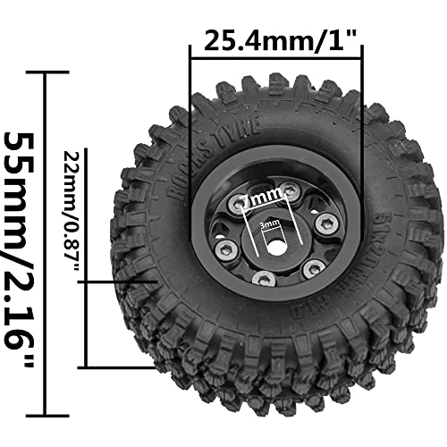 4Pack HIRCQOO 1.0" SCX24 Beadlock Wheels 7mm Hex Wheel Rims & Rubber Crawler Tires Set Compatible with Axial SCX24 1/24 Deadbolt AXI00002 AXI90081 AXI00002V2 RC Crawler Car (Black)