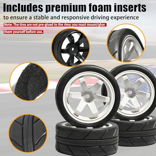 OD 2.55" On Road Rubber Tires Plastic Wheel Rims 12mm Hex for 1/10 RC Car | Compatible with MJX HSP Tamiya HPI Kyosho Traxxas Sakura Redcat WLtoys 1/10 RC On-Road Racing Touring Car (4pcs, White) - style: F-White