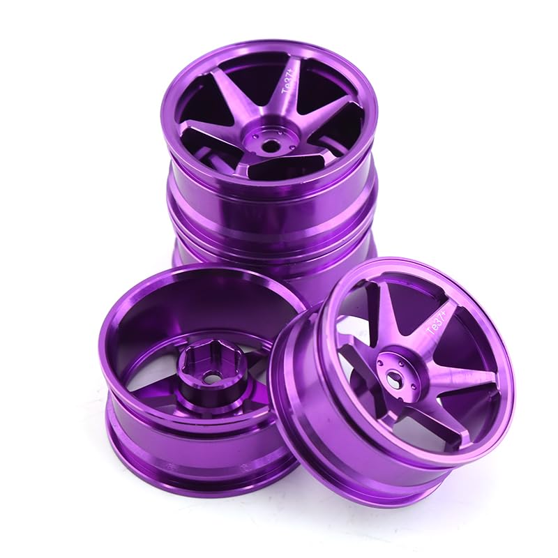 REDSPIDER • 1/10 RC Drift Wheels Rims 12mm Hex Alloy Aluminum for 1:10 Scale Rally Racing Car Tires Tamiya TT01 TT02 XV01 TA06 A959 PTG2 HPI KYOSHO HSP PTG2 Touring Street Tyres 4PCS (Purple) - color: Purple
