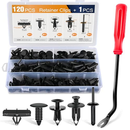 GOOACC 121Pcs Automotive Bumper Retainer Clips with Fastener Remover Compatible with Jeep Wrangler Chrysler Dodge Ram Nylon Rivets 6506007AA 6502625 6503598 - color: 120Pcs Clips + Remover