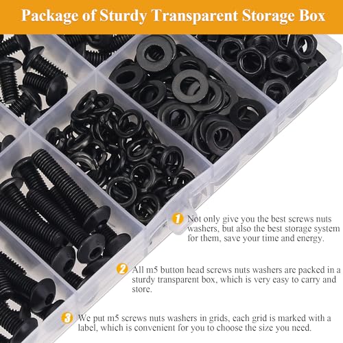 245 Pieces M5 Screws Nuts Washers Set Black, Sutemribor M5 x 6/8/10/12/16/20/25mm Button Head Socket Cap Screws Nuts Washers Assortment Kit, 10.9 Grade Alloy Steel, Fully Threaded - size: M5, style: Button Head Socket Cap