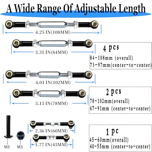 74-112 mm Stainless Steel Turnbuckles with Spacers Fit for 1/10 Slash 4X4（VXL）,XZSNLYZ Camber Links Compatible with Traxxas Rustler 4X4 Hoss Slash 2WD Stampede RC Car Upgrade Hops Up Parts,Black - color: Stainless Steel & Black