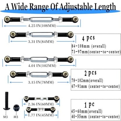 74-112 mm Stainless Steel Turnbuckles with Spacers Fit for 1/10 Slash 4X4（VXL）,XZSNLYZ Camber Links Compatible with Traxxas Rustler 4X4 Hoss Slash 2WD Stampede RC Car Upgrade Hops Up Parts,Black - color: Stainless Steel & Black
