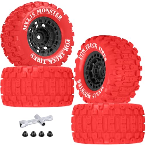 100 * 52MM 1/16 RC Monster Truck Tires 12mm Hex Adapters All-Terrain Traction Tires fit for Mini Maxx/Mini XRT, MJX 16207/16208/16209/16210,HSP 94186,E-Revo,L0S1,1/18 Mini LMT,Red&Black - color: Red&black(4pcs)