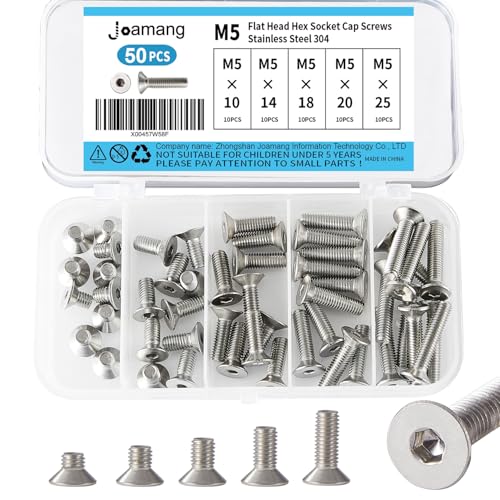 M5 x 10mm 14mm 18mm 20mm 25mm Flat Head Hex Socket Cap Screws Countersunk Bolts, Stainless Steel 304, Metric Allen Hex Drive, Bright Finish, Fully Threaded, Assortment Kit 50PCS - size: M5x10/14/18/20/25 mm