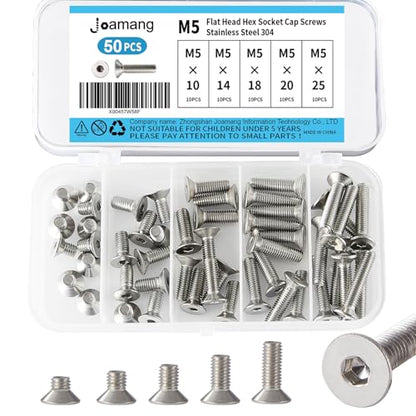 M5 x 10mm 14mm 18mm 20mm 25mm Flat Head Hex Socket Cap Screws Countersunk Bolts, Stainless Steel 304, Metric Allen Hex Drive, Bright Finish, Fully Threaded, Assortment Kit 50PCS - size: M5x10/14/18/20/25 mm