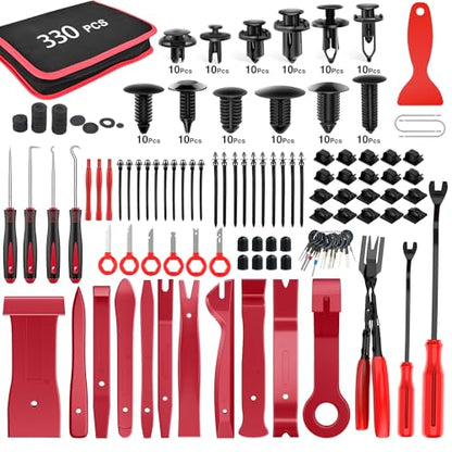 GOOACC 330Pcs Trim Removal Tool, Auto Push Pin Bumper Retainer Clip Set Fastener Terminal Remover Tool Adhesive Cable Clips Pry Kit Car Panel Radio Removal Auto Clip Pliers, Red - color: 330pcs Clips Removal Kit Red