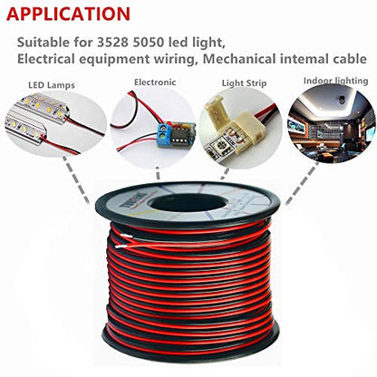 TUOFENG 22awg Electrical Wire 100 ft 22 Gauge Led Wire 2 Pin Extension Cable Wire Red Black Wires 12V/24V DC Cable for Led Strips Single Colour - size: 22 AWG 2 Parallel PVC Wire 100ft