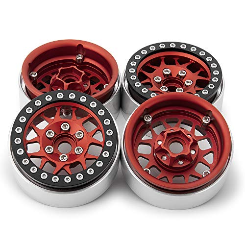 MOHERO Aluminum 1.9'' Alloy Beadlock Wheel Rims for 1/10 RC Axial SCX10 SCX10-II SCX10-III TRX4 CC01 D90 TRX4 Crawler Car Pack of 4 (Red+Black) - color: Red+black