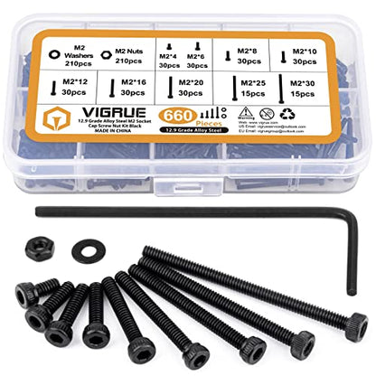 660Pcs M2 Screws Set Black, M2 x 4/6/8/10/12/16/20/25/30mm Hex Socket Head Cap Screws Nuts Washers Assortment Kit, 12.9 Grade Alloy Steel Assorted Screws, Fully Machine Threaded, Allen Socket Drive - size: M2 Socket black