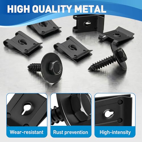 50Pcs M4.2 Automotive Body Bolt & U-Nut Clips Kit Replacement | Universal Fender Liner Screws and U-Nut Clamp Set, Engine Splash Shield Hex Head Screw Kits for Most Cars, Trucks, SUVs, Vans - color: Black-M4.2