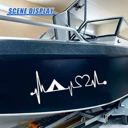 Craedli 2PCS Camping Tent Heartbeat Sticker Car Decal, 7.8"×3.3" Waterproof Vinyl Pulse Line Heart Sticker, Outdoor Adventure Car Bumper Window Decals for Camper SUV Truck Laptop (White-Heart) - color: White-heart