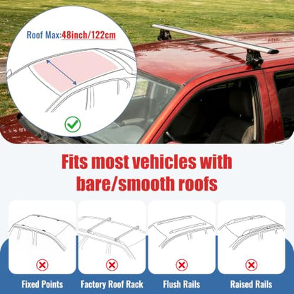 Universal Roof Rack Cross Bars 51" (1.3m) - Heavy Duty 440lbs Capacity Car Top Rails for Naked Roof (No Side Rails) - Aerodynamic Aluminum Alloy with 4-Claw Hooks, Silver