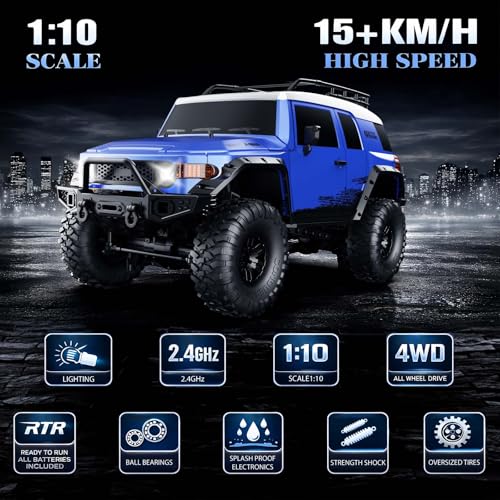 RC Cars RC Crawler 1/10 Scale RTR Remote Control Car 4WD 2.4GHz Brushed Offroad Racing Hobby Grade Model Vehicle with LED Lights 2Pcs Battery Toy for Kids and Adults - color: C-blue01