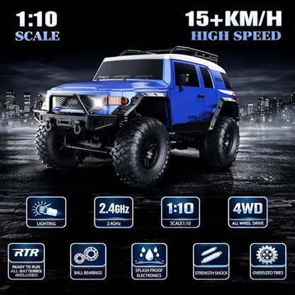 RC Cars RC Crawler 1/10 Scale RTR Remote Control Car 4WD 2.4GHz Brushed Offroad Racing Hobby Grade Model Vehicle with LED Lights 2Pcs Battery Toy for Kids and Adults - color: C-blue01