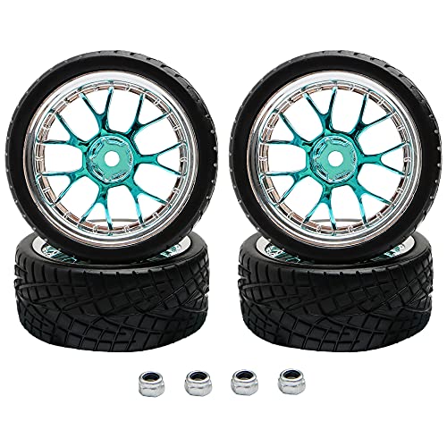 4PCS 12mm Hex Hub RC Cars Wheels and Tires,62mm On Road Touring Rubber Racing Rally Tires Set for 1:10 1:16 1:18 XV01 TT01 TT02B HSP 94122 94123 94103 3850 3851 FW06 16889 RC Cars(Silver Blue)