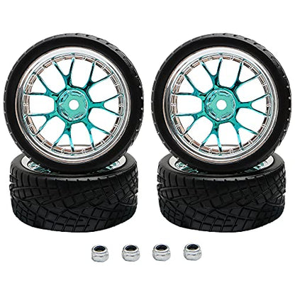 4PCS 12mm Hex Hub RC Cars Wheels and Tires,62mm On Road Touring Rubber Racing Rally Tires Set for 1:10 1:16 1:18 XV01 TT01 TT02B HSP 94122 94123 94103 3850 3851 FW06 16889 RC Cars(Silver Blue)