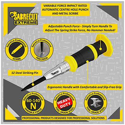 SabreCut 1pc AHPSC01 Automatic Variable Force Centre Punch & Scribe | Adjustable 60-140N spring force and hardened S2 tip mark metal, wood and plastic with heavy duty accuracy