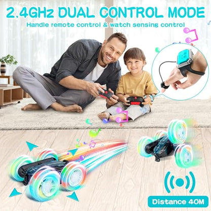 Remote Control Car - Double-Sided 360° Rotating, 4WD, 2.4GHz Rechargeable with LED Light and Music, RC Stunt Cars Toy for Boys and Girls on Birthdays Blue
