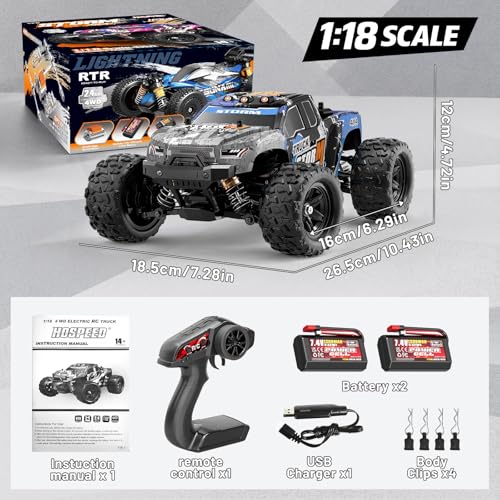 RC Cars 1:18 4x4 High Speed Monster Truck for Kids and Adults, 36 km/h Off Road Remote Control Vehicle, Waterproof RC Truck with Metal Drivetrain & Metal CVD, 2 Batteries, All Terrain RC Toys Gifts - color: Blue