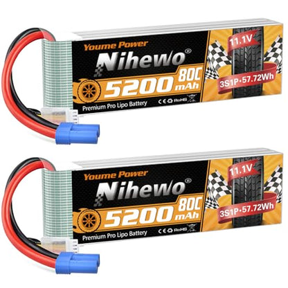 3S Lipo Battery EC5 5200mAh 11.1V 80C Softcase for RC Car Drone 2pcs | 3S Lipo Battery 11.1V 5200mAh EC5 Soft Case for 1/8 1/10 RC Cars Truck Buggy Boat Drone, Longer Runtime, Stable Power Output