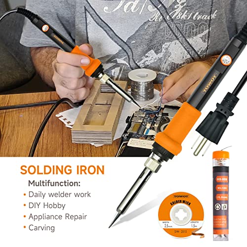 TOWOT Soldering Iron Kit, Electronic Soldering Iron 60W Adjustable Temperature, Deoldering Pump, Tin Wire, Solder Wick, Tweezers, Soldering Iron Tips Set, Soldering Iron Stand, Wire Strippers - style: Set A