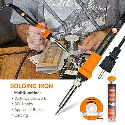 TOWOT Soldering Iron Kit, Electronic Soldering Iron 60W Adjustable Temperature, Deoldering Pump, Tin Wire, Solder Wick, Tweezers, Soldering Iron Tips Set, Soldering Iron Stand, Wire Strippers - style: Set A