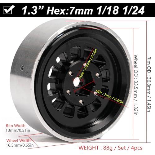 1.3” Aluminum Beadlock Wheels, -4.53mm Offset CNC 7 mm Hex Rims for 1/18 1/24 RC Crawler TRX4M, Axial SCX24 AX24, Redcat Ascent-18, FMS FCX24, 4 pcs, Black - color: Black