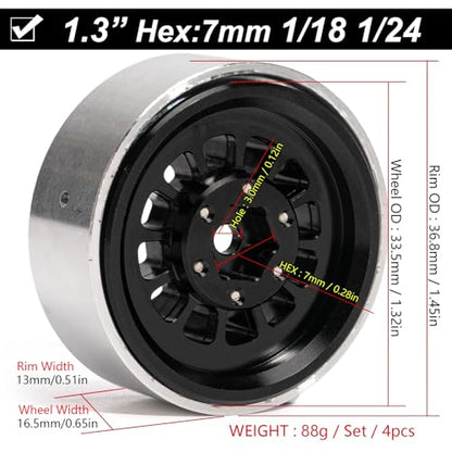 1.3” Aluminum Beadlock Wheels, -4.53mm Offset CNC 7 mm Hex Rims for 1/18 1/24 RC Crawler TRX4M, Axial SCX24 AX24, Redcat Ascent-18, FMS FCX24, 4 pcs, Black - color: Black