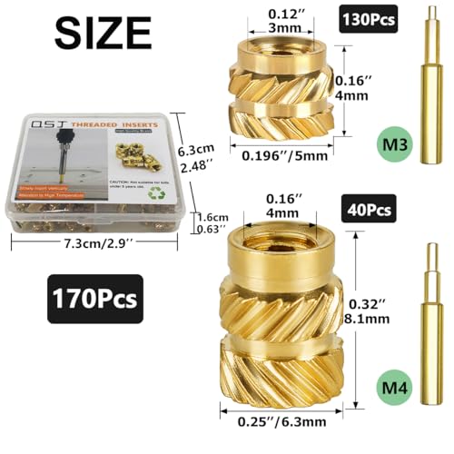 QSJ 170Pcs Threaded Inserts Set Brass Heat Set Insert M3 M4 Insert Nut with Soldering Iron Tip for 3D Printed Plastic Materials - size: (170pcs) M3, M4