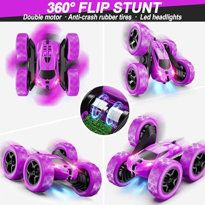 QUNREDA RC Cars, Purple Remote Control Car for Girls, 2.4 GHZ Double Sided RC Stunt Car 360° Rotating Remote Control Crawler with Headlights Car Toys for 6 7 8 9 10 11 12 Girls Birthday Gift - color: Purple
